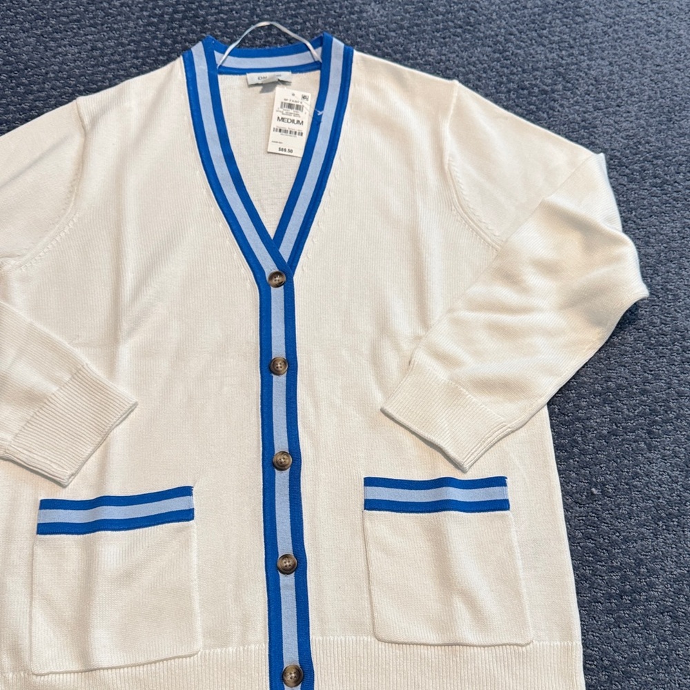 White boyfriend Cardigan with Blue Trim on 34th